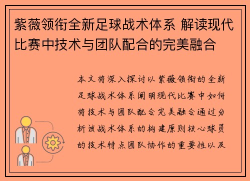 紫薇领衔全新足球战术体系 解读现代比赛中技术与团队配合的完美融合