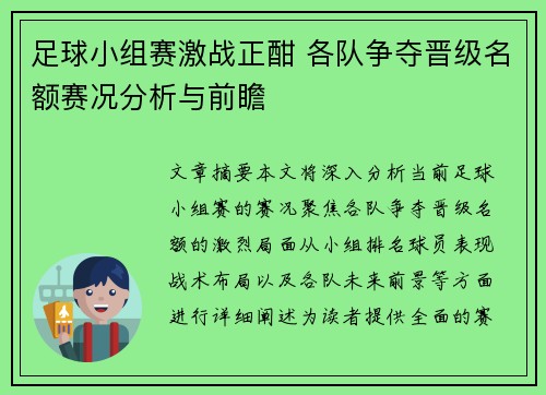 足球小组赛激战正酣 各队争夺晋级名额赛况分析与前瞻