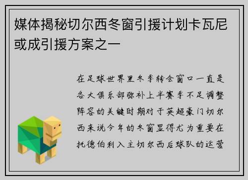 媒体揭秘切尔西冬窗引援计划卡瓦尼或成引援方案之一