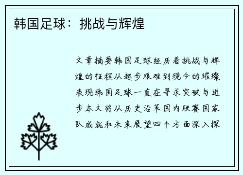 韩国足球：挑战与辉煌