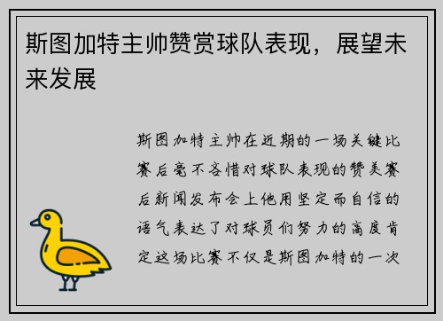 斯图加特主帅赞赏球队表现，展望未来发展
