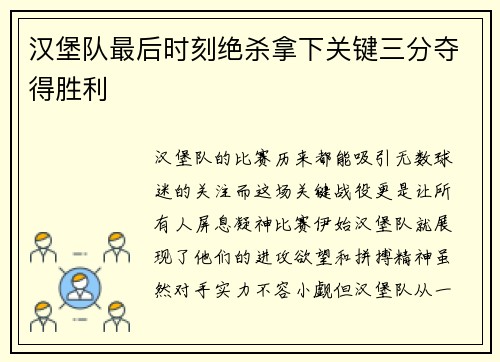 汉堡队最后时刻绝杀拿下关键三分夺得胜利