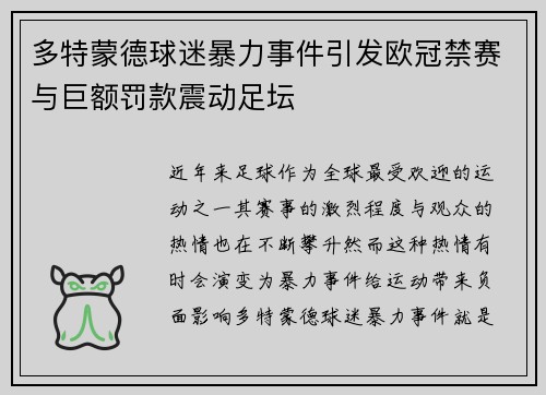 多特蒙德球迷暴力事件引发欧冠禁赛与巨额罚款震动足坛