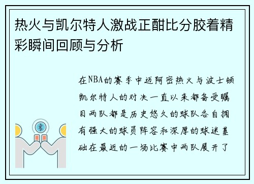 热火与凯尔特人激战正酣比分胶着精彩瞬间回顾与分析