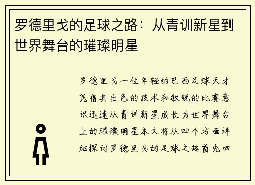 罗德里戈的足球之路：从青训新星到世界舞台的璀璨明星