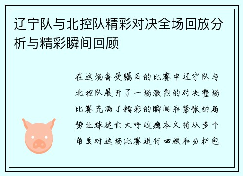 辽宁队与北控队精彩对决全场回放分析与精彩瞬间回顾