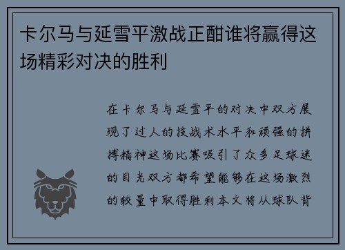 卡尔马与延雪平激战正酣谁将赢得这场精彩对决的胜利