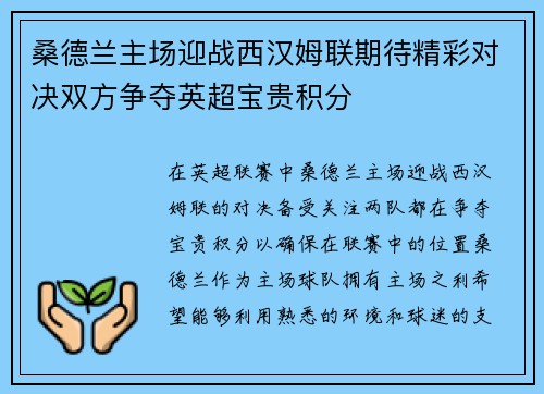 桑德兰主场迎战西汉姆联期待精彩对决双方争夺英超宝贵积分